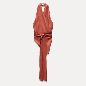 ZARA ZW COLLECTION FLOWING WRAP HALTER TOP Terracotta L
